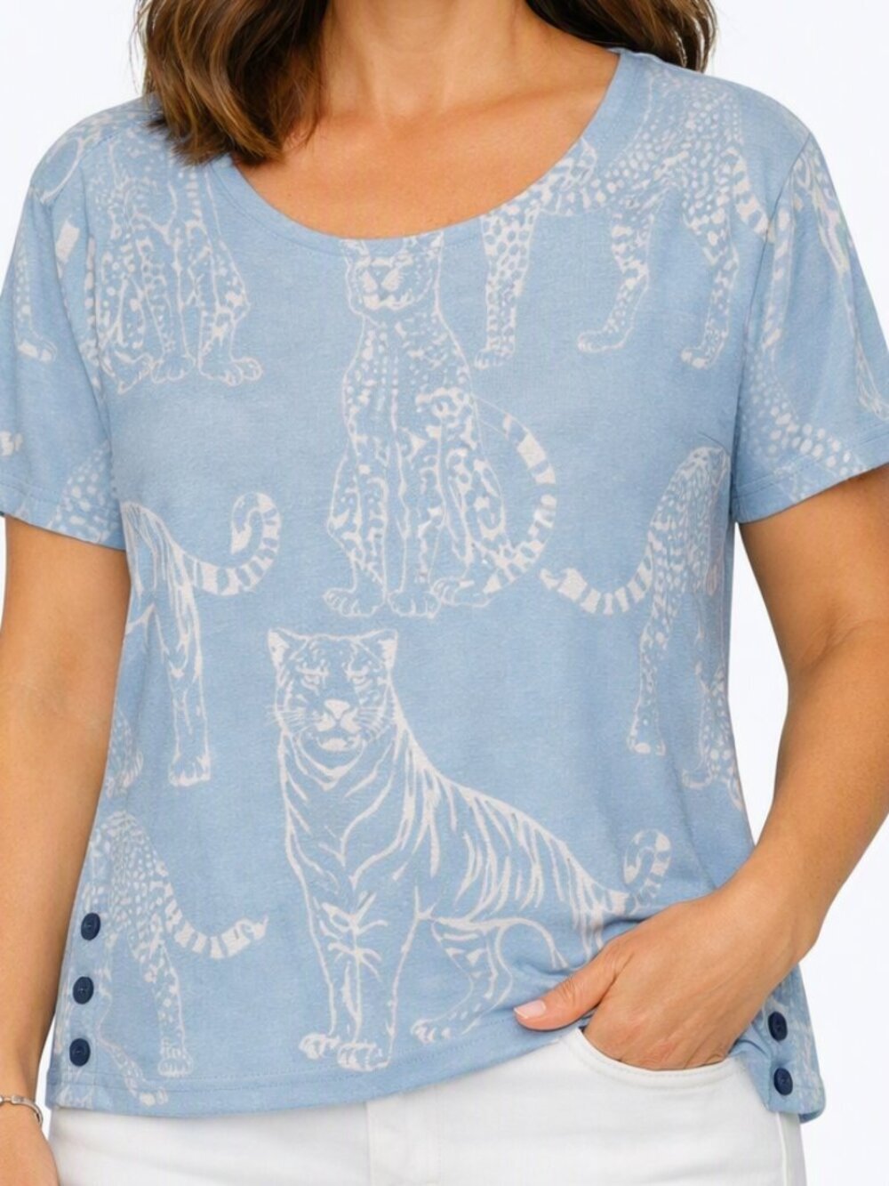 Jane + Delancey Light Blue Tiger & Leopard Print Short Sleeve Tee - XS